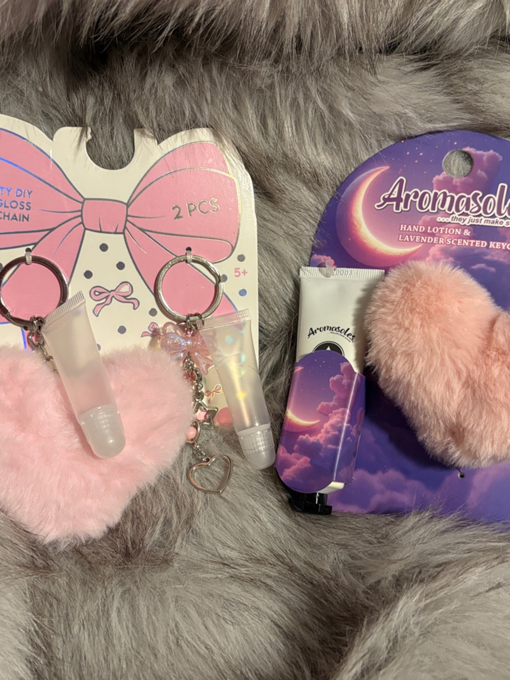 Pink Heart Fuzzy Keychain with Lavender Hand Lotion & Empty DIY Lip Gloss